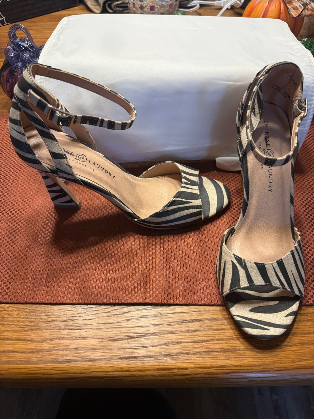 Chinese Laundry Zebra-Print Ankle Strap Heels - Black & Cream